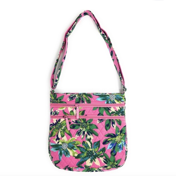 Vera Bradley -Tropical Paradise Pink Triple Zip Green Leaf Hipster Crossbody Bag - Picture 1 of 14